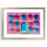 Abstract art print of a geometric doorway design in silver frame, suitable for dining room or bedroom decor.