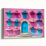 Vintage poster art of a colorful, ornate door design on a large, framed canvas, ideal for living room decor.