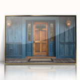 Mid-century modernist acrylic print of a geometric gold door design on a black background, ideal for nursery wall art.