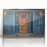 Art deco poster featuring a silver-framed acrylic print of a geometric door design in muted gold and white tones.