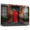 Large abstract wall art on acrylic glass depicting vibrant, multicolored door designs, ideal for modern dining room decor.