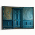 Black and white framed canvas featuring a vintage poster art style of a landscape with architectural doors.