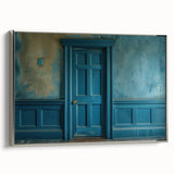 Vintage poster art of an ornate door design in vibrant colors on a framed canvas, suitable for living room decor.