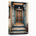 Large abstract wall art on acrylic glass featuring a geometric door design in muted grays.