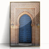Mid-century modernist art of a geometric door design in gold and black tones, acrylic print, suitable for nursery wall art.
