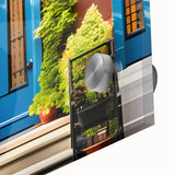 Large abstract wall art on acrylic glass featuring mid-century modernist architectural door design in muted tones.