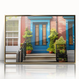 Mid-century modernist art of a geometric door design in gold and black tones, acrylic framed poster.