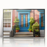 Art Deco poster featuring a silver-framed acrylic print of a stylized architectural door, ideal for modern nursery wall art.