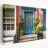 Side view of a large stretched canvas featuring a detailed architectural door design in muted earth tones.