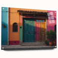 Large abstract wall art on acrylic glass featuring a monochrome architectural door design.