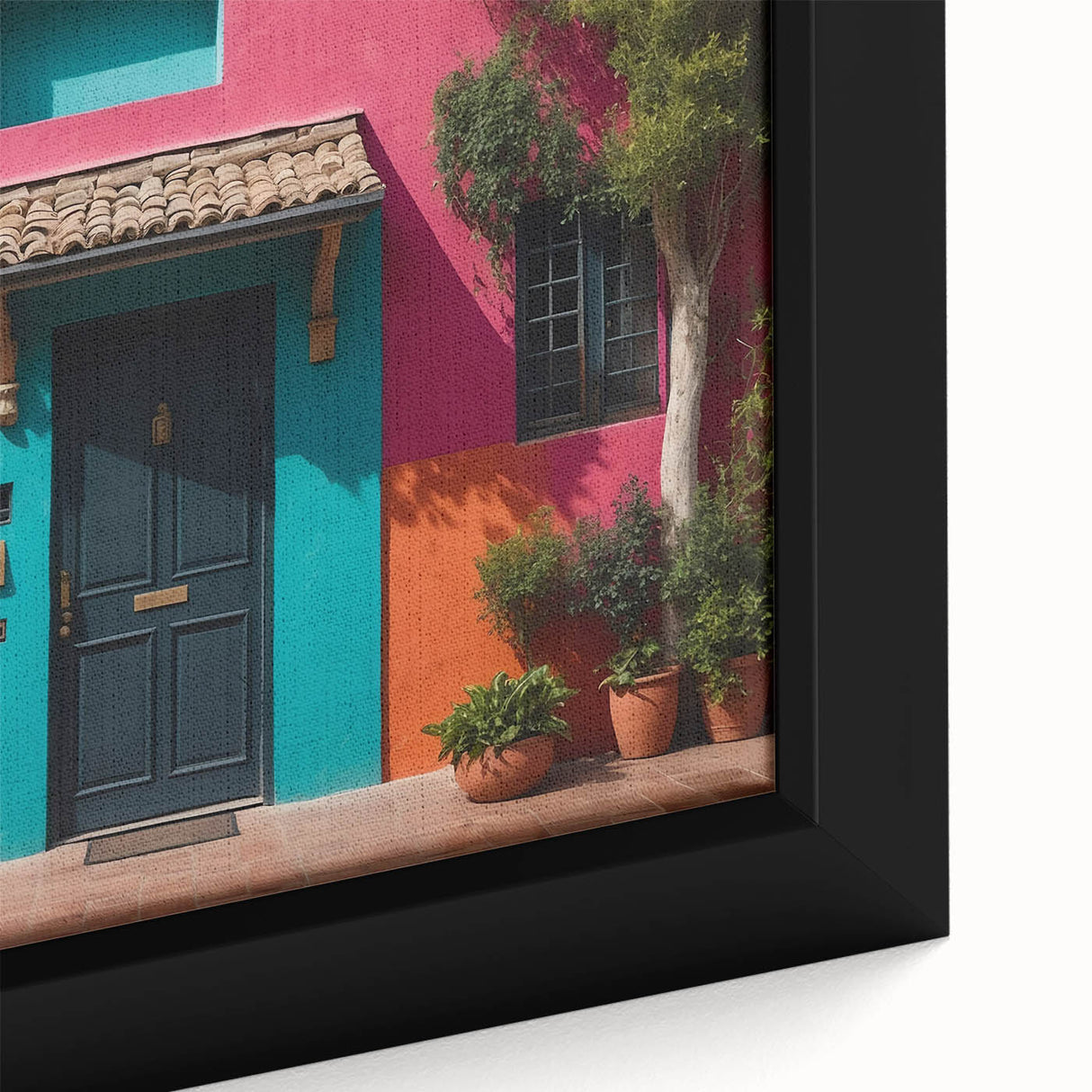 Close-up of a black wall art featuring a colorful, textured door design on a framed canvas, ideal for living room decor.