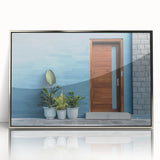 Art deco poster of a stylized door in silver and gray tones on framed acrylic, suitable for modern nursery decor.