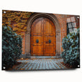 Large abstract wall art on acrylic glass featuring a door design in muted earth tones.