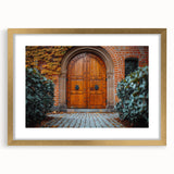Textured abstract art print depicting architectural door design in gold frame, ideal for bedroom art.