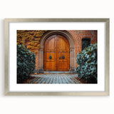 Abstract art print of architectural door designs in silver frame, ideal for dining room decor.