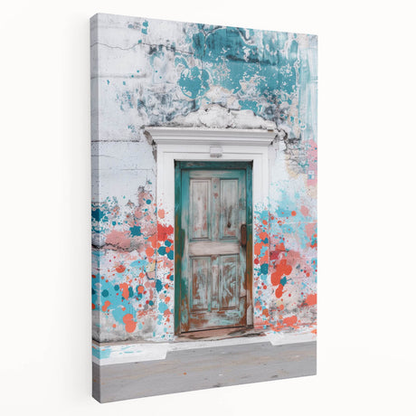 Side view of a large stretched canvas featuring a detailed door architecture design in earthy tones.