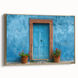 Landscape art painting featuring a vintage poster-style black door framed in gold on canvas.