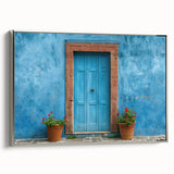 Vintage poster art featuring a colorful, detailed door design on a black background.