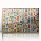 Mid-century modernist art deco poster featuring an architectural door design in gold tones on acrylic.