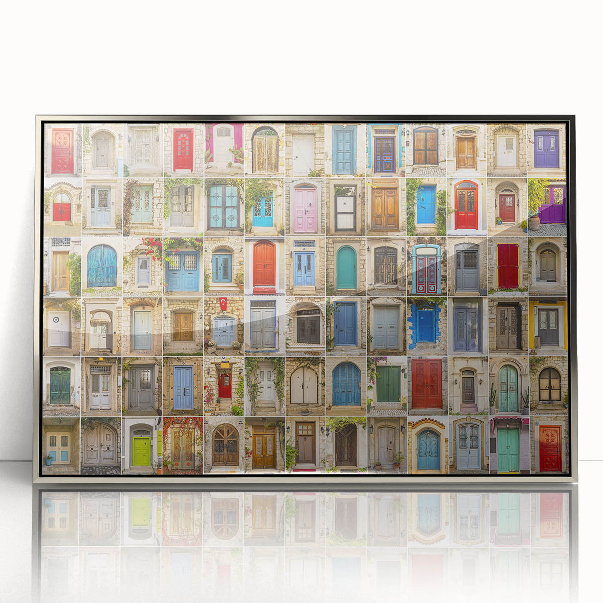 Art deco poster of a silver-framed acrylic print featuring a modern architecture door design, suitable for nursery wall art.