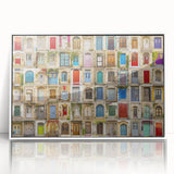 Mid-century modernist door design in shades of gray and white on a framed acrylic, suitable for modern art wall decor.