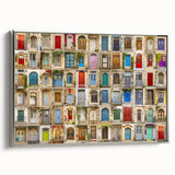 Vintage poster art of a colorful, ornate door design on a large framed canvas, ideal for living room decor.