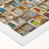 Art deco poster featuring a stylized architectural door design in muted beige and brown tones on rolled canvas.