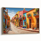 Framed canvas of a vintage poster featuring colorful landscape art with a dominant black background.