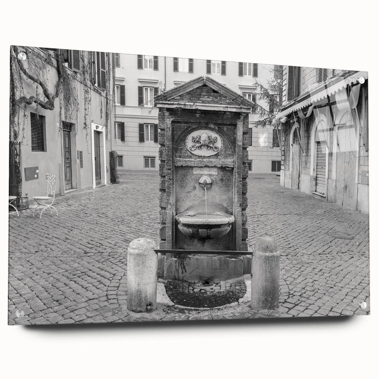 Acrylic print of a large abstract wall art depicting a fountain design in muted blues and grays.