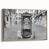 Framed canvas of a vintage-style black landscape painting featuring an architectural fountain design.