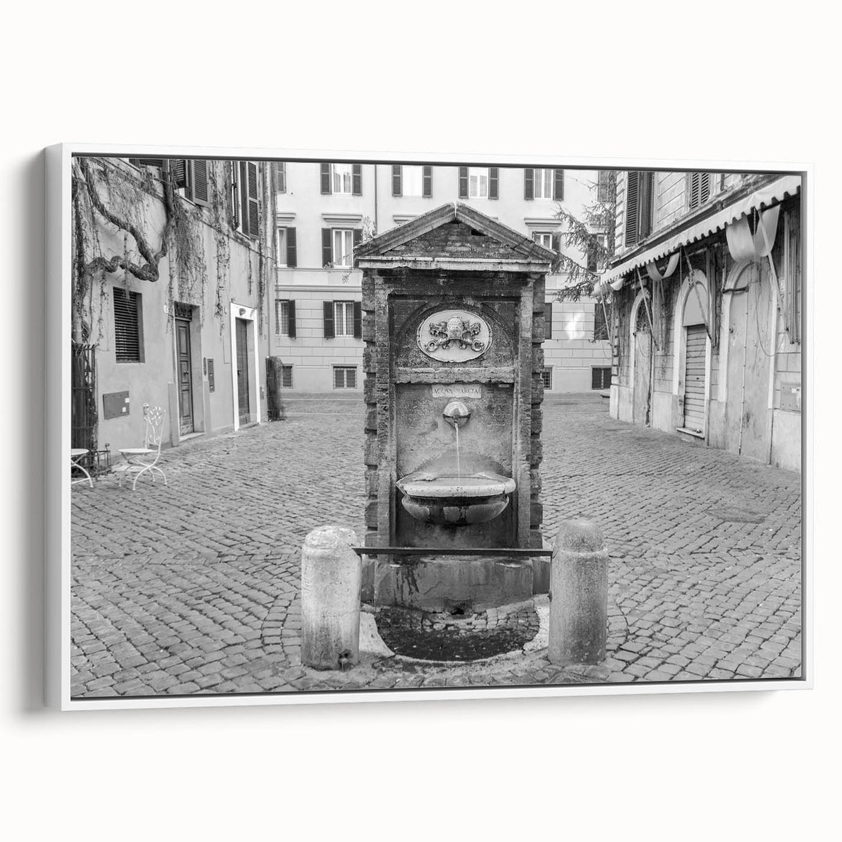 Framed canvas featuring a vintage poster art of a fountain in vibrant colors, ideal for living room decor.