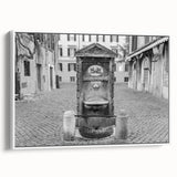 Framed canvas featuring a vintage poster art of a fountain in vibrant colors, ideal for living room decor.