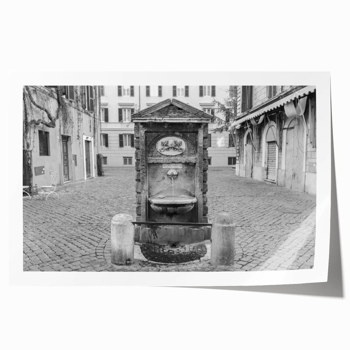 Extra large rolled print of a classical fountain architecture with floral accents, ideal for art wall dining room.