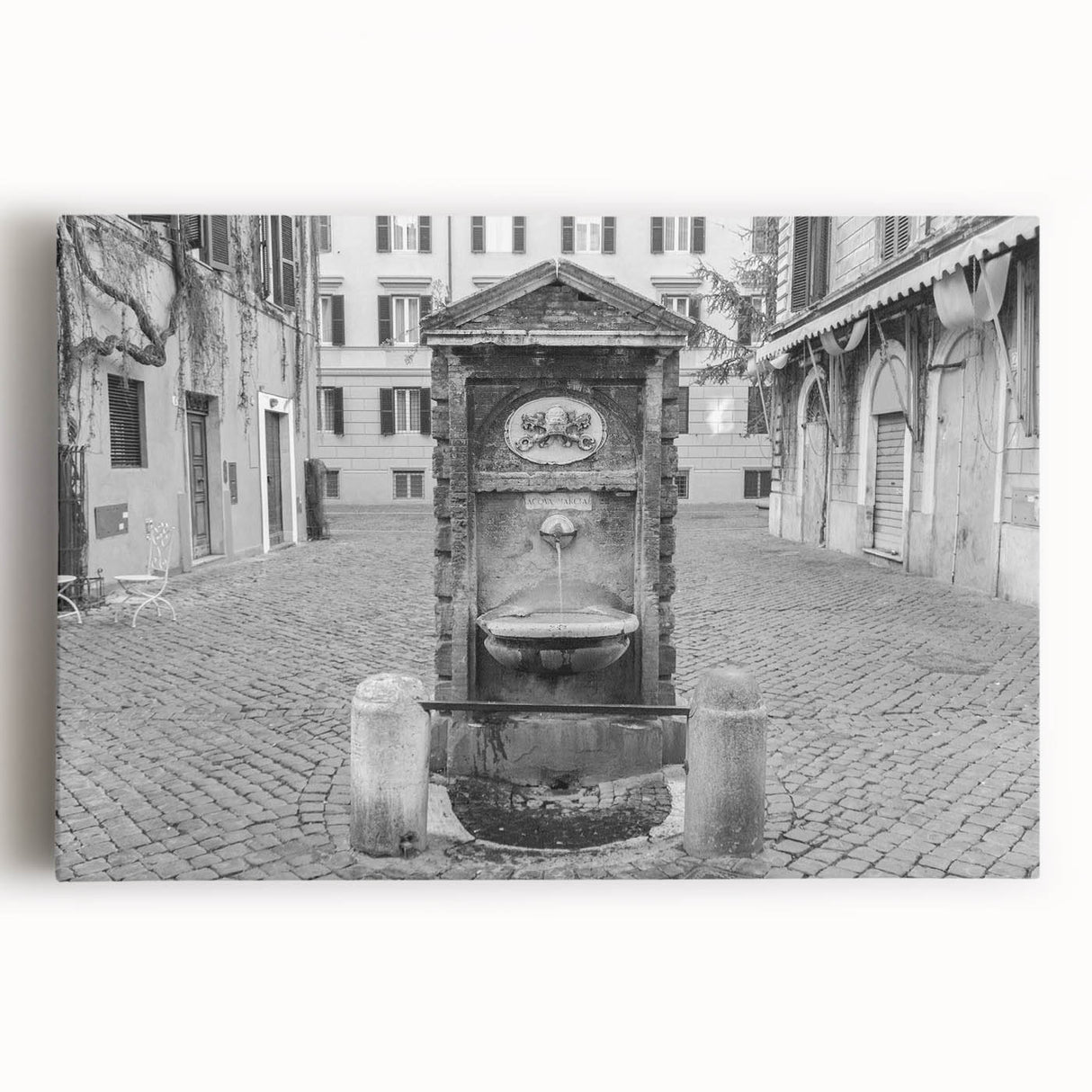 Black and white photo of an architectural fountain design on large stretched canvas, suitable for kitchen wall art.