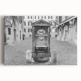 Black and white photo of an architectural fountain design on large stretched canvas, suitable for kitchen wall art.