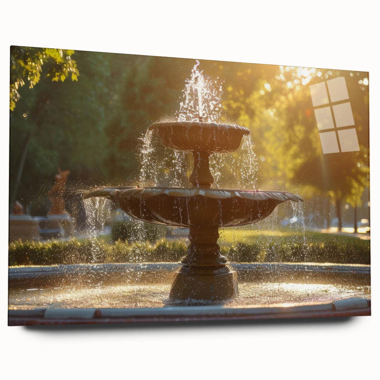 Large abstract wall art on acrylic glass depicting a fountain design in blue and gray tones.