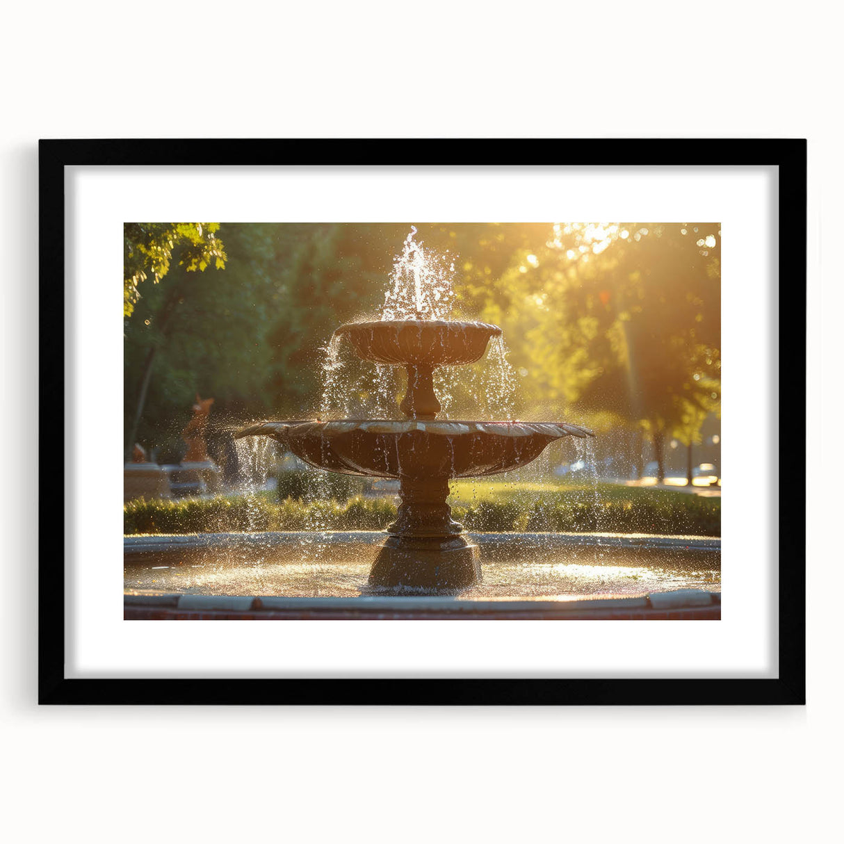 Extra large abstract art print featuring a colorful, textured depiction of architectural elements and fountains.
