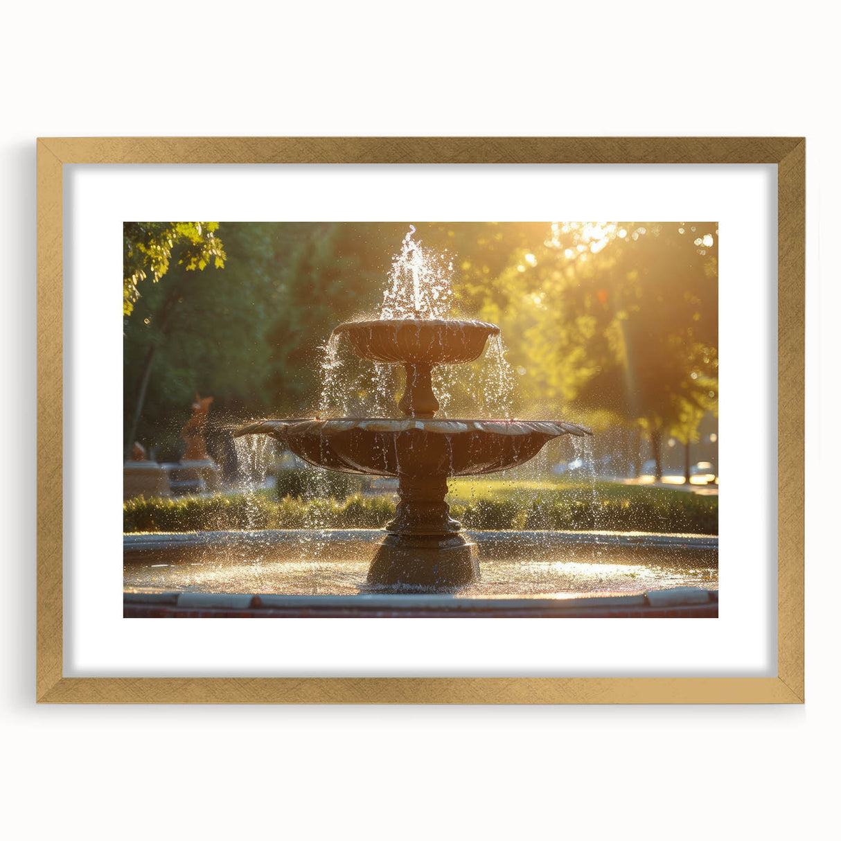 Extra large abstract art print featuring textured designs in gold and beige tones, framed with a mat.