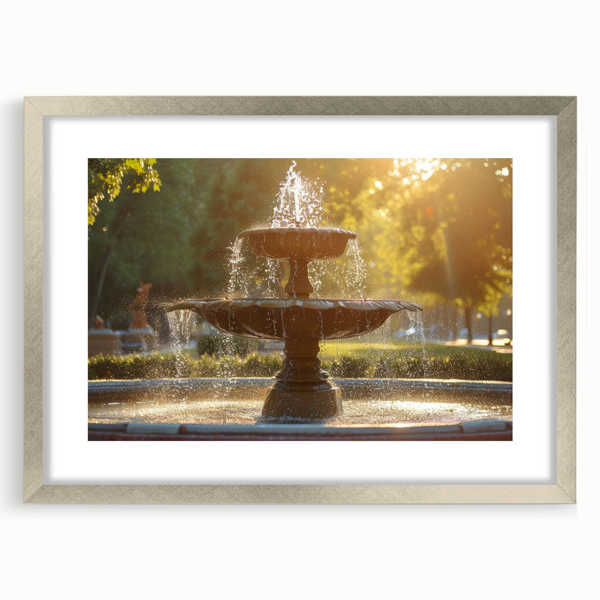 Textured abstract art print featuring a silver-framed fountain design with soft gray tones, ideal for modern bedroom decor.
