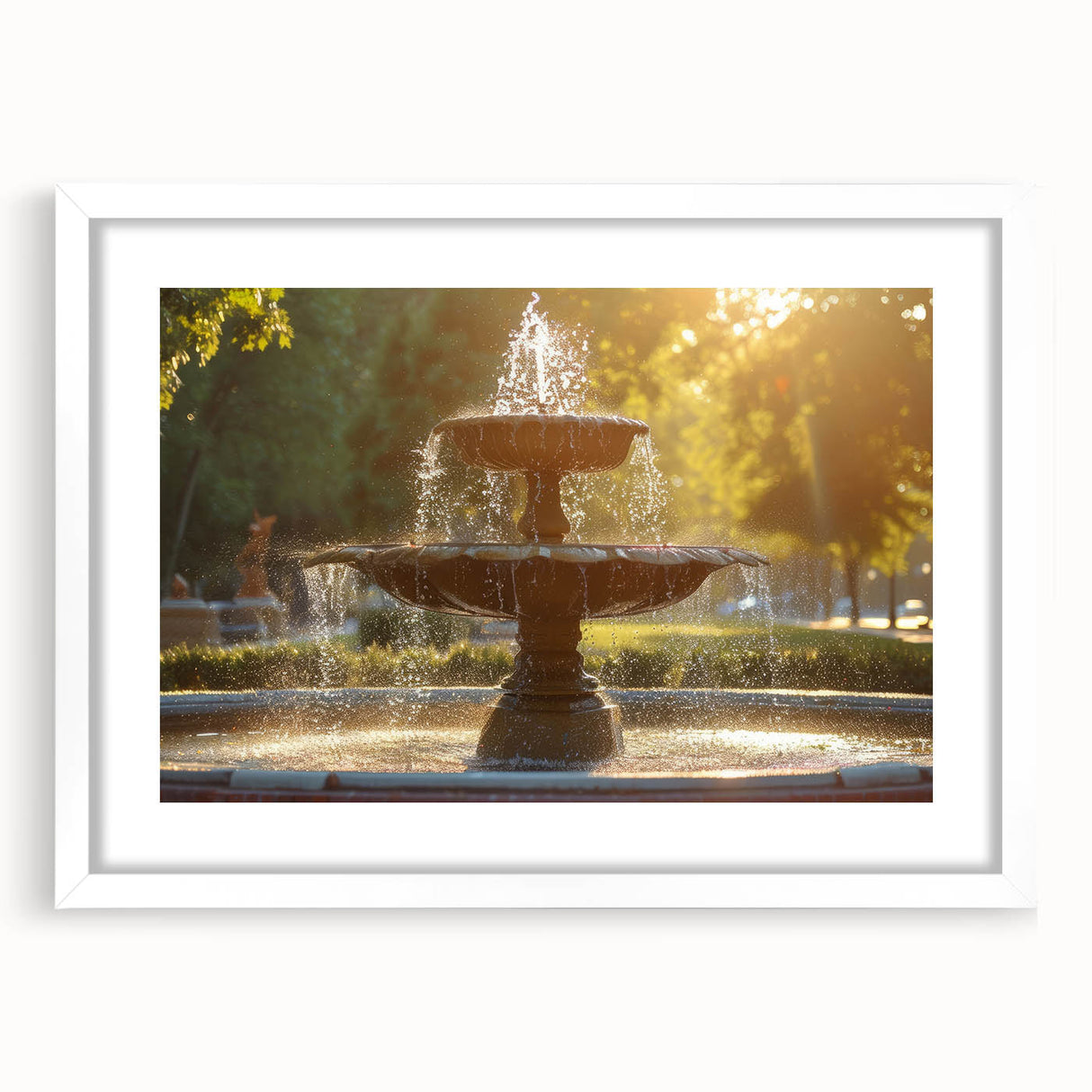 Abstract art print featuring geometric shapes in muted blue and gray tones, displayed in a white frame with mat.