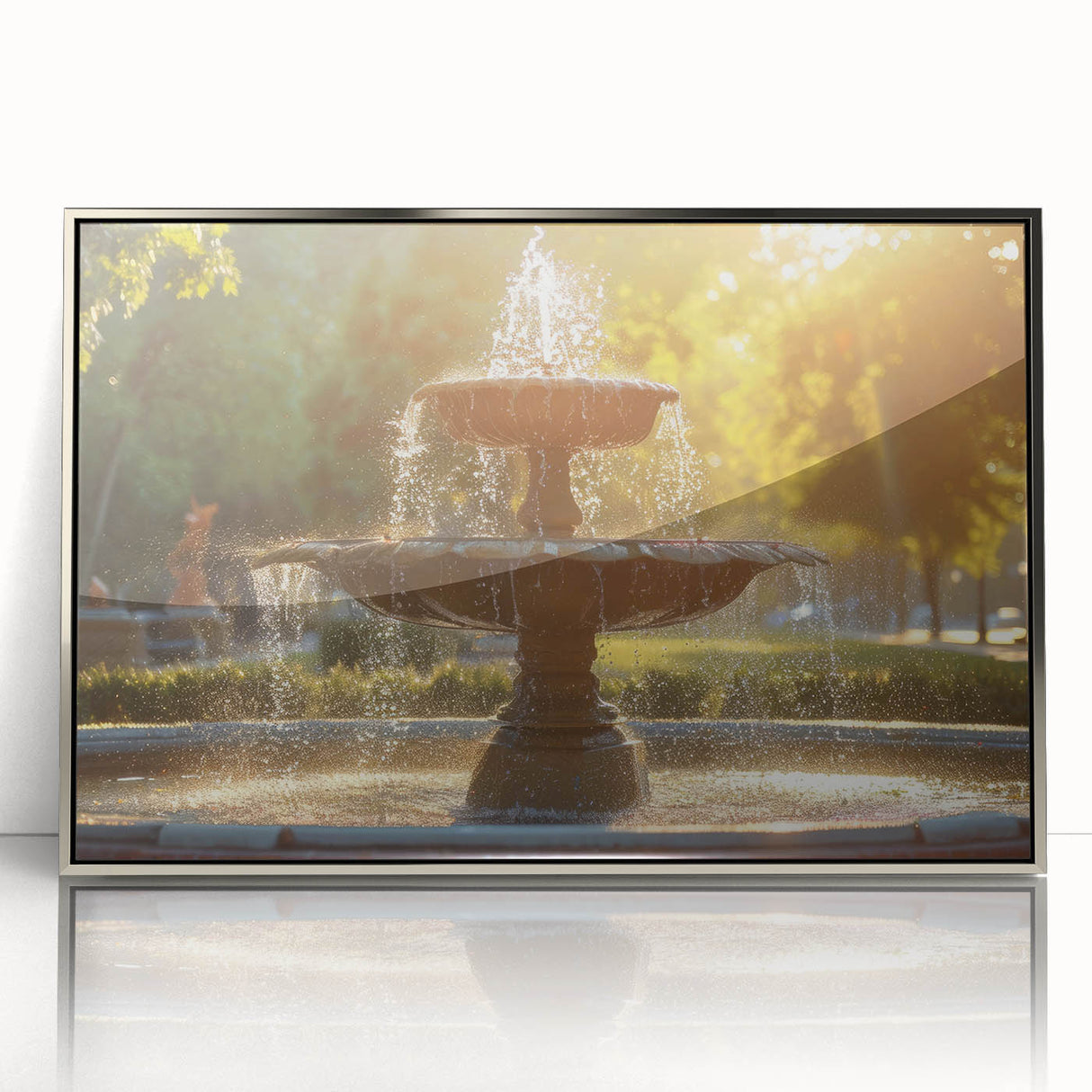 Mid-century modernist art of an architectural fountain design in silver tones on a framed acrylic print.
