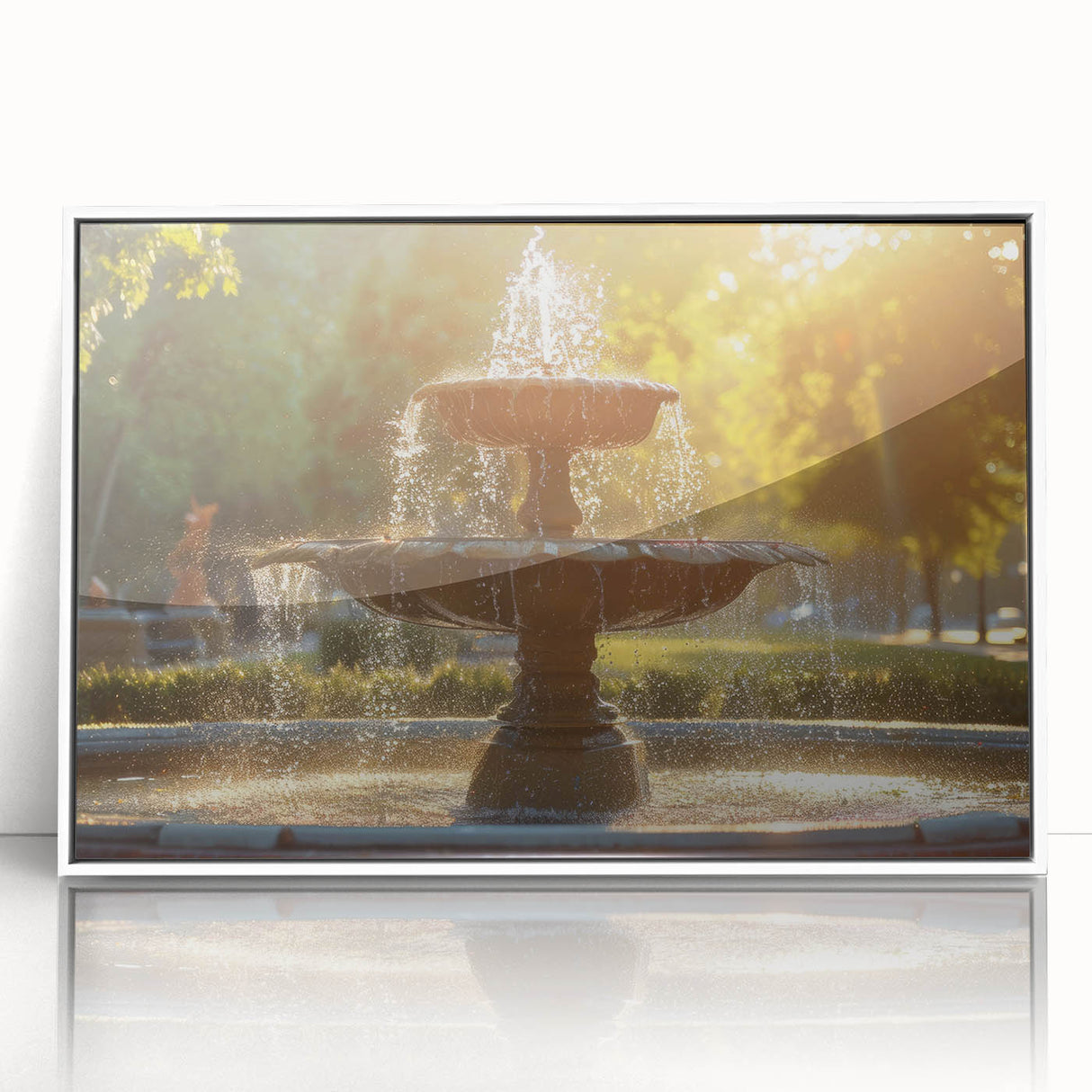 Art deco poster of a geometric fountain design in muted gray and white tones, framed acrylic print.