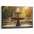 Black and white framed canvas featuring a vintage poster art style landscape with a fountain, ideal for bedroom wall decor.