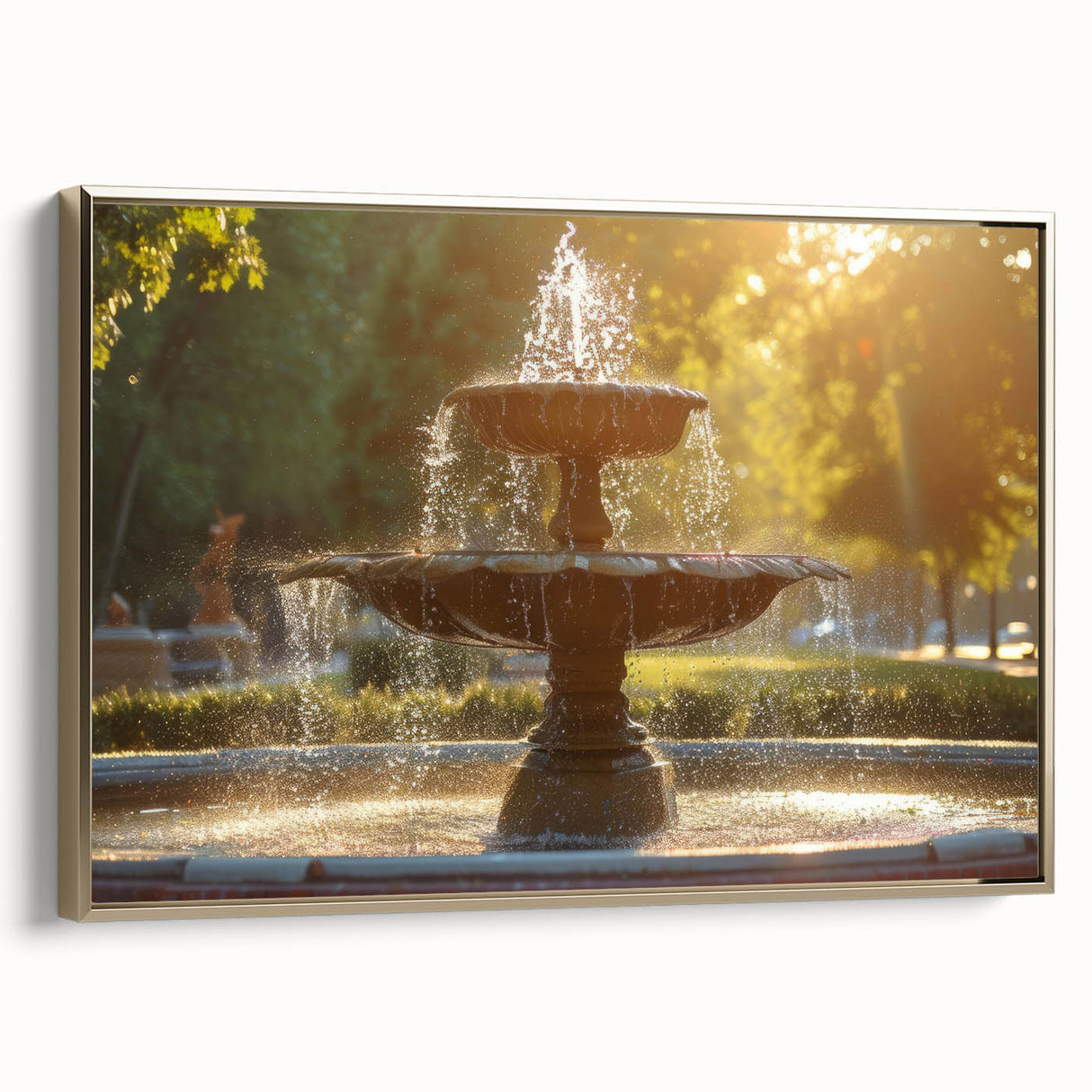 Framed canvas depicting a vintage landscape art painting with a black fountain design, suitable for living room decor.