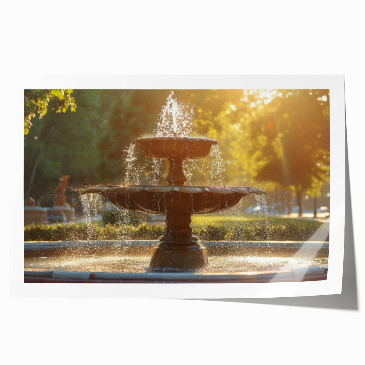 Extra large rolled print of a classical fountain with detailed floral designs in muted earth tones.
