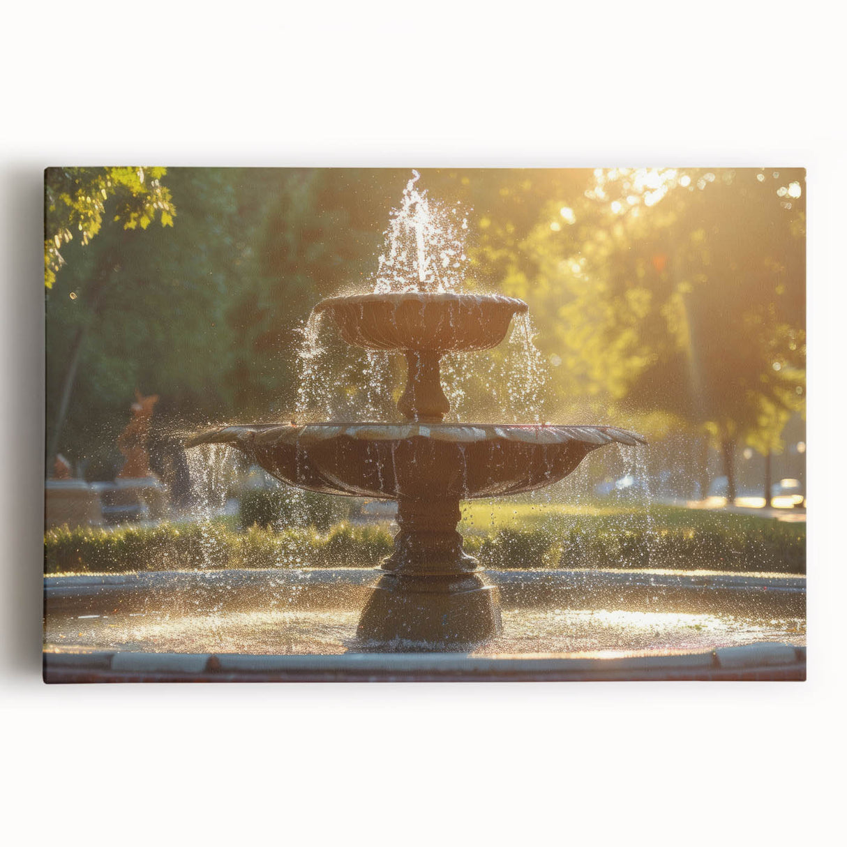 Large black and white photo of an architectural fountain design on stretched canvas, ideal for kitchen wall art.