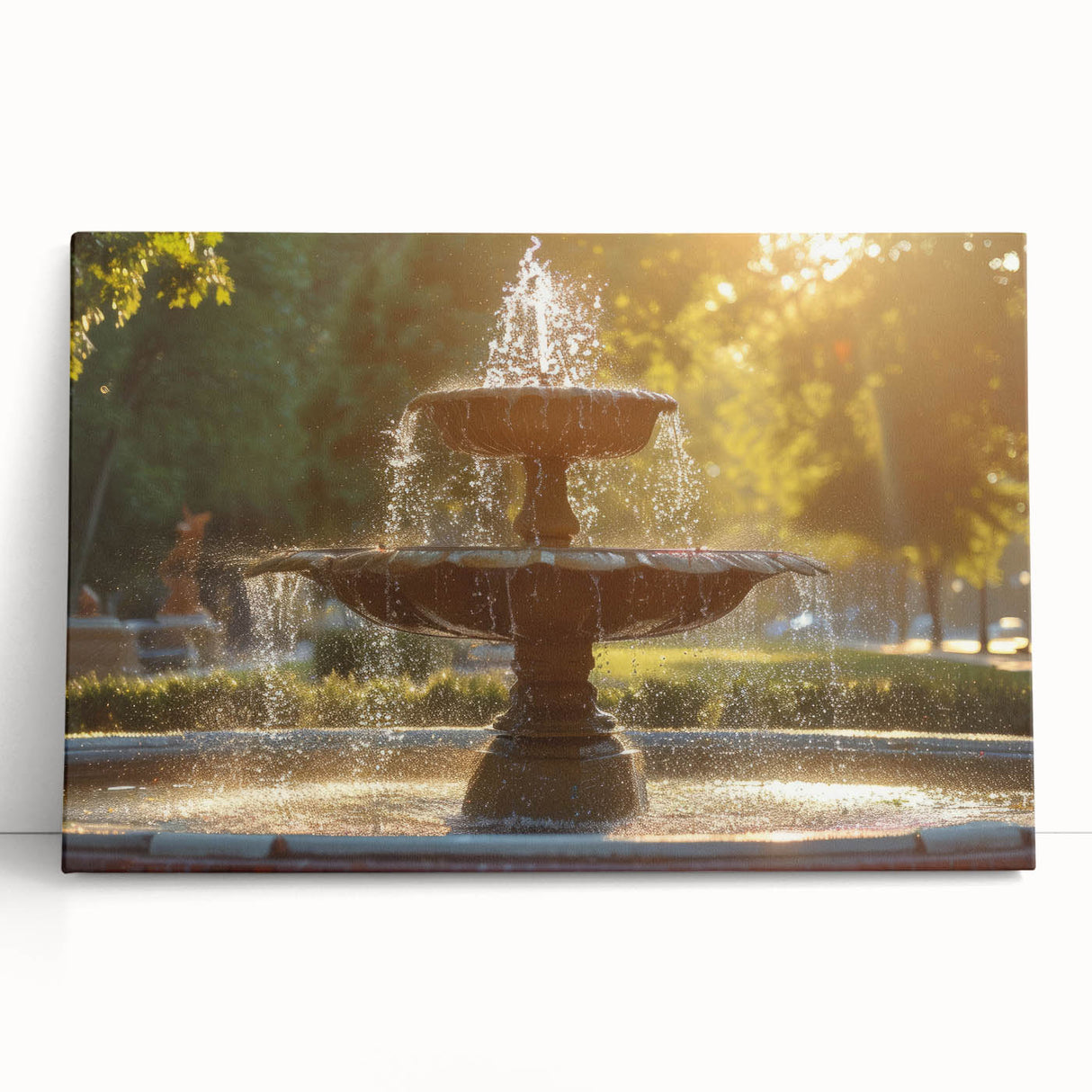 Black and white photo of a large architectural fountain on stretched canvas, suitable for kitchen or bedroom wall art.