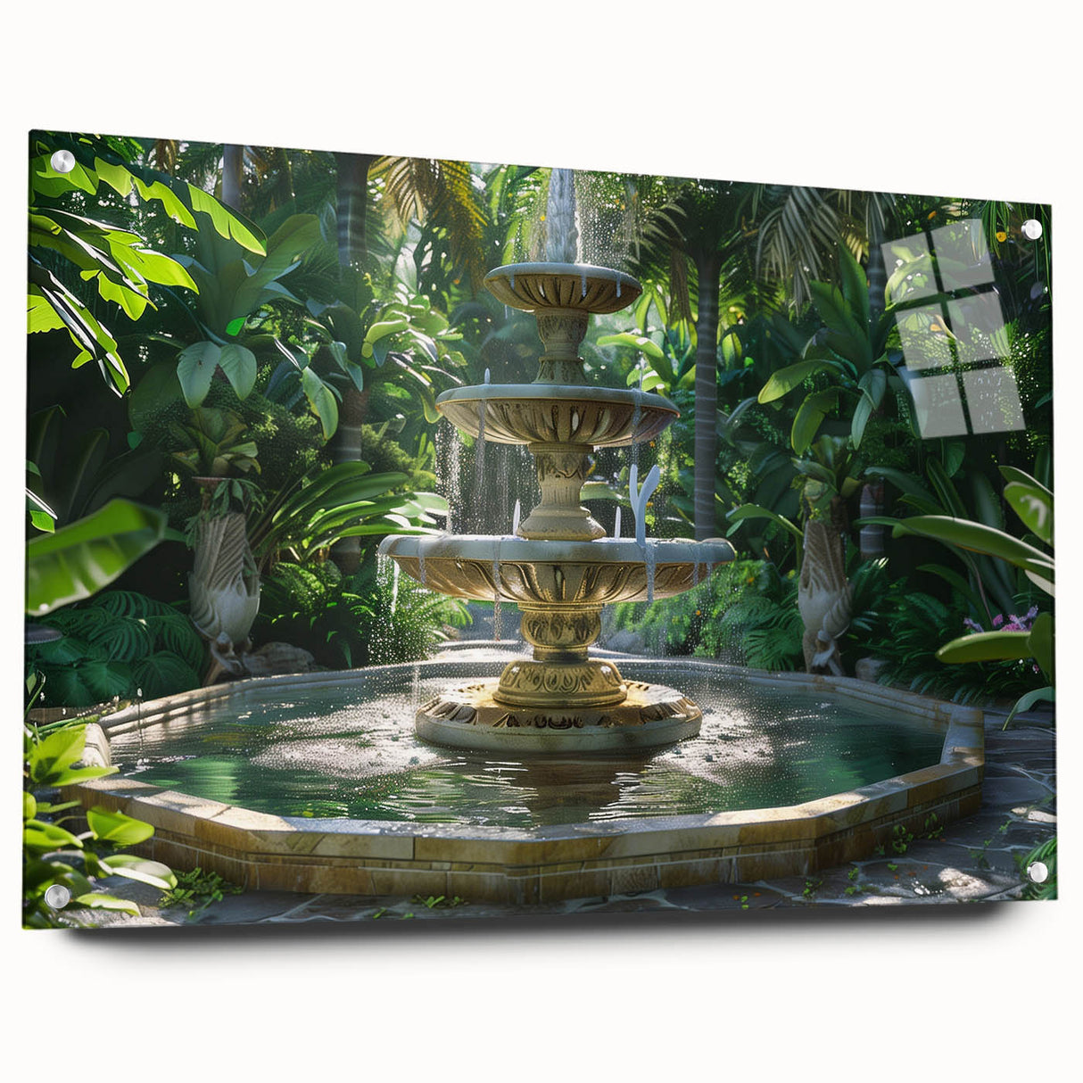 Large abstract wall art on acrylic glass depicting a fountain design in muted blue and gray.