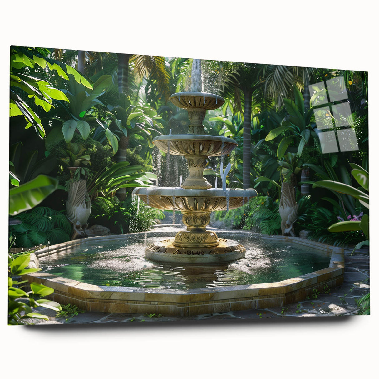 Large abstract wall art on acrylic glass depicting a fountain design in blue and gray tones.