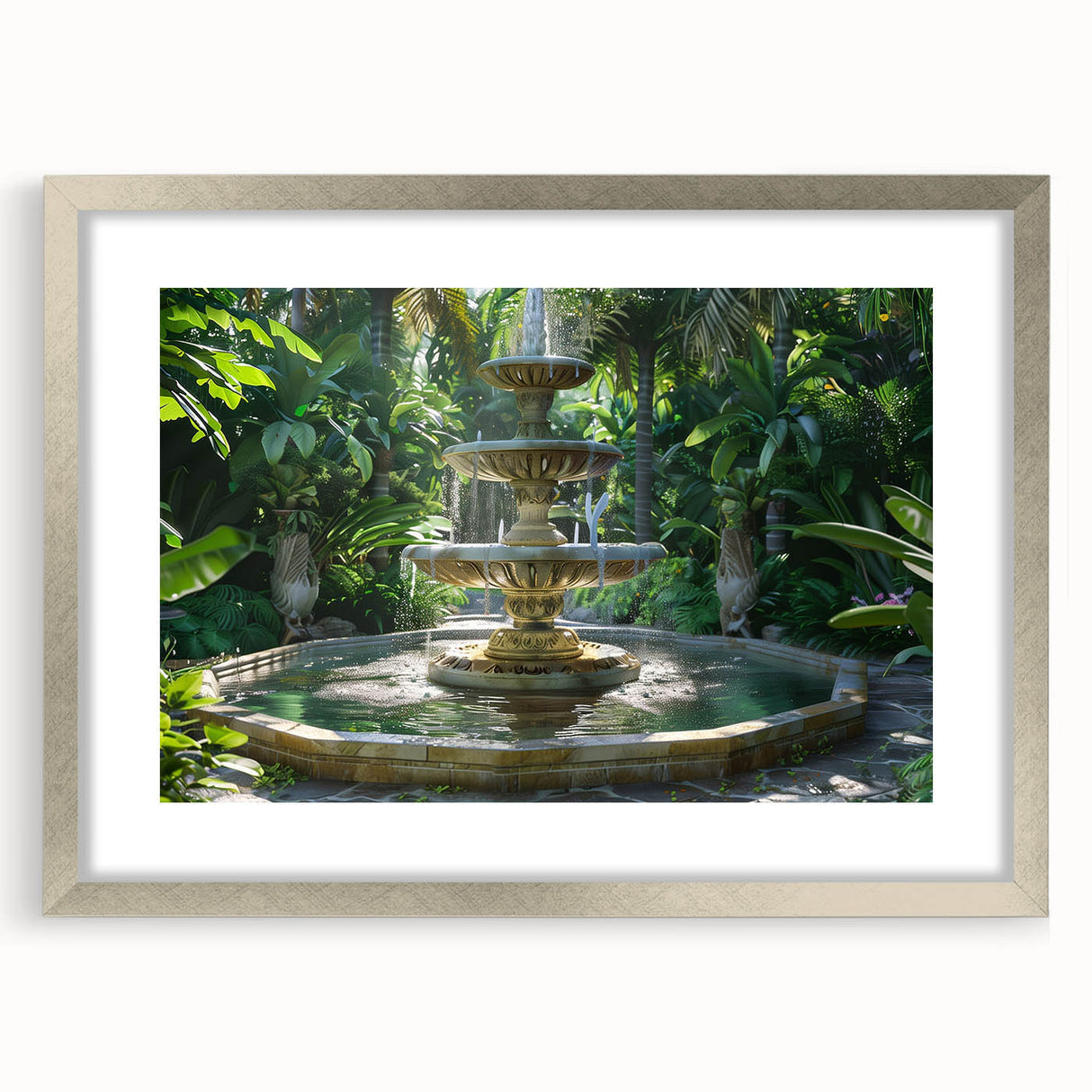 Textured abstract art print featuring fluid shapes in gray and silver, framed with a silver mat.